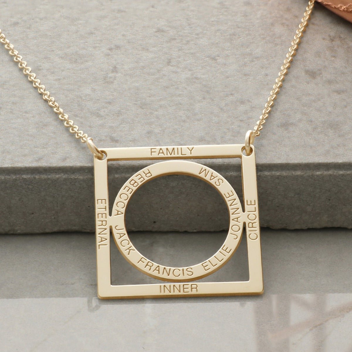 9ct Yellow Gold Plated Family Circle In Square Necklace - Love Silver Jewellery