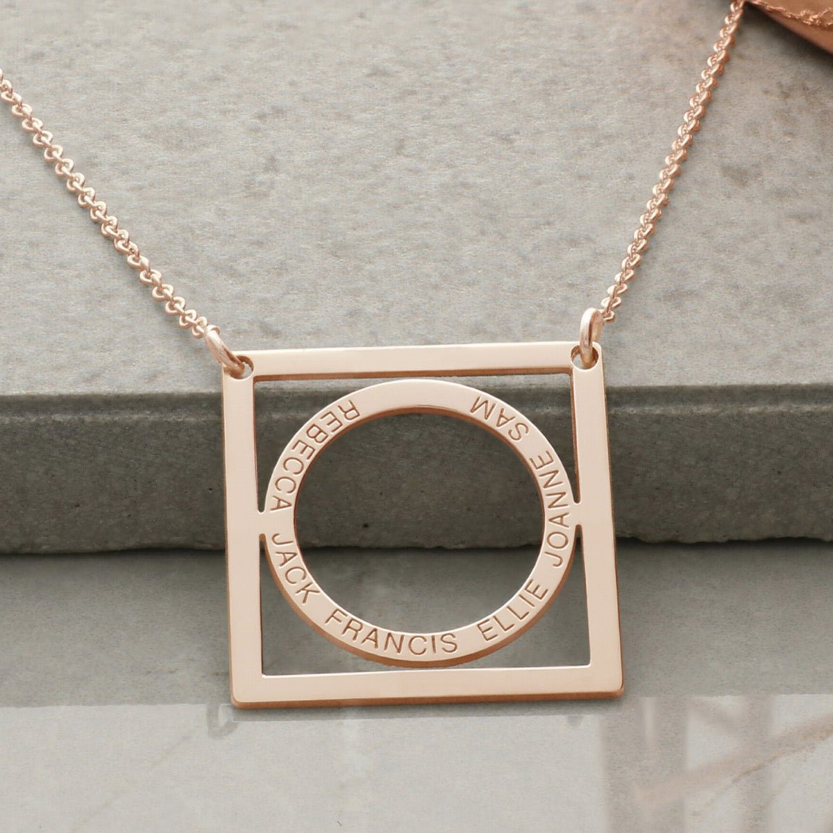 9ct Rose Gold Plated Family Circle In Square Necklace - Love Silver Jewellery