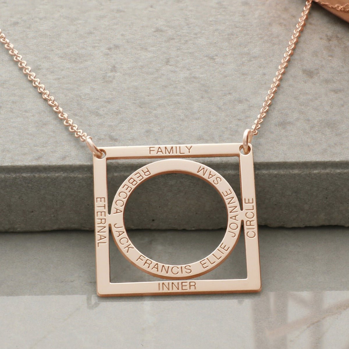 9ct Rose Gold Plated Family Circle In Square Necklace - Love Silver Jewellery