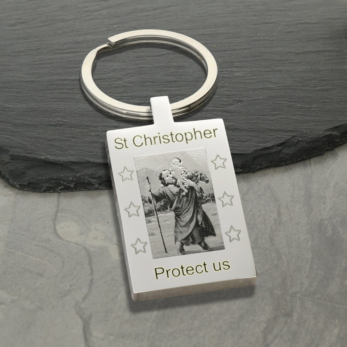 Mirror Polished Rectangle St Christopher Photo Keyring With Optional Engraving