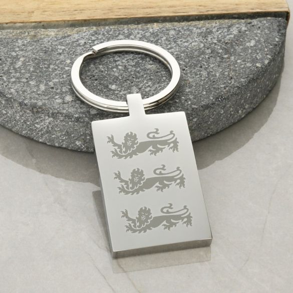Three Lions Mirror Polished Rectangle Keyring With Optional Engraving - Love Silver Jewellery