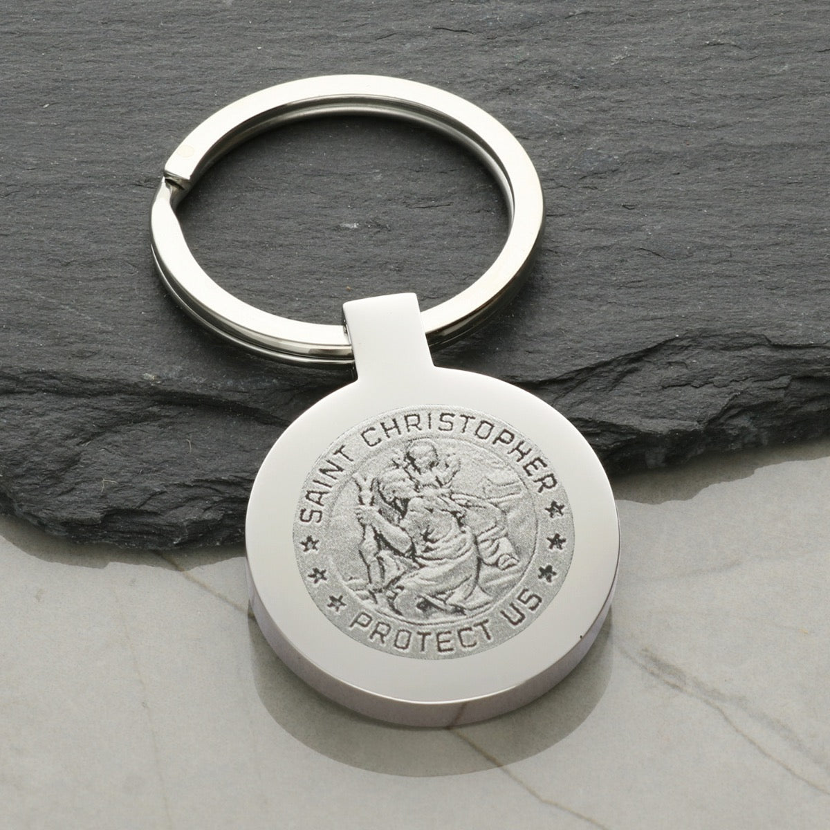 Mirror Polished Round St Christopher Keyring With Optional Engraving