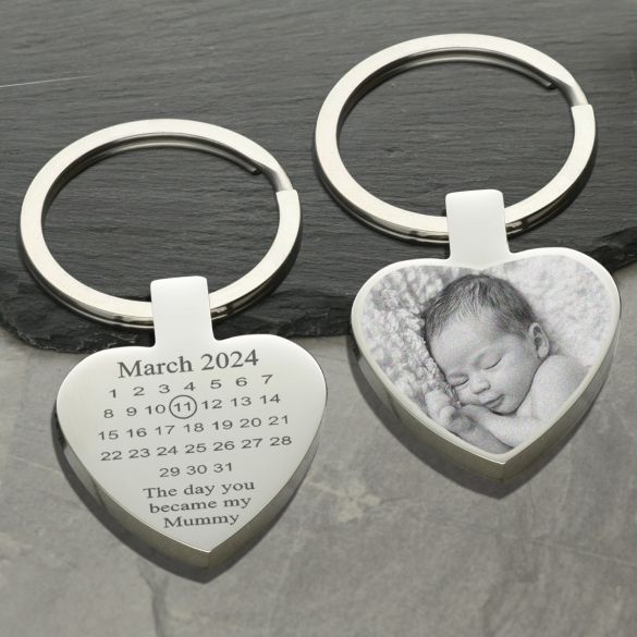 Mirror Polished Special Date Calendar & Photo Engraved Heart Keyring - Love Silver Jewellery