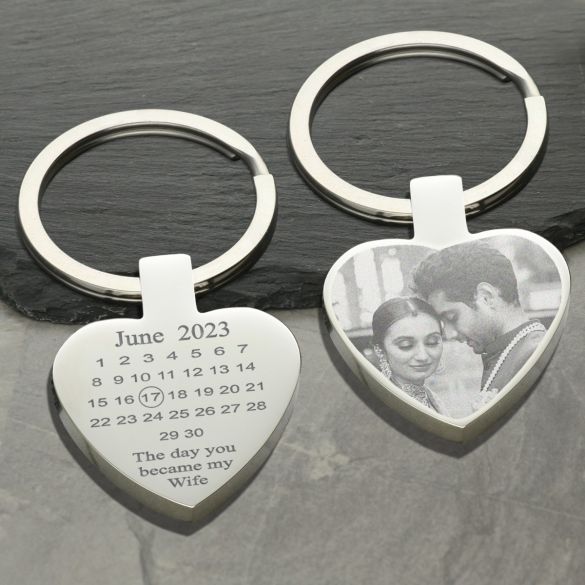 Mirror Polished Special Date Calendar Photo Engraved Heart Keyring