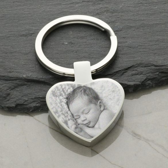 Mirror Polished Photo Engraved Heart Keyring - Love Silver Jewellery