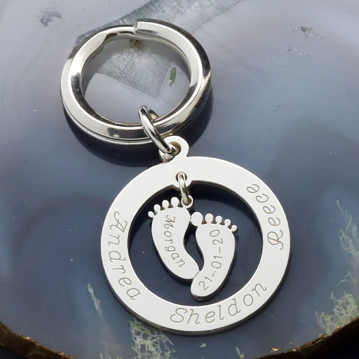 Sterling Silver Personalised Hanging Baby Feet Keyring - Jewellery > Keyrings > Baby Keyrings > Rectangular > Sterling Silver - Love Silver Jewellery