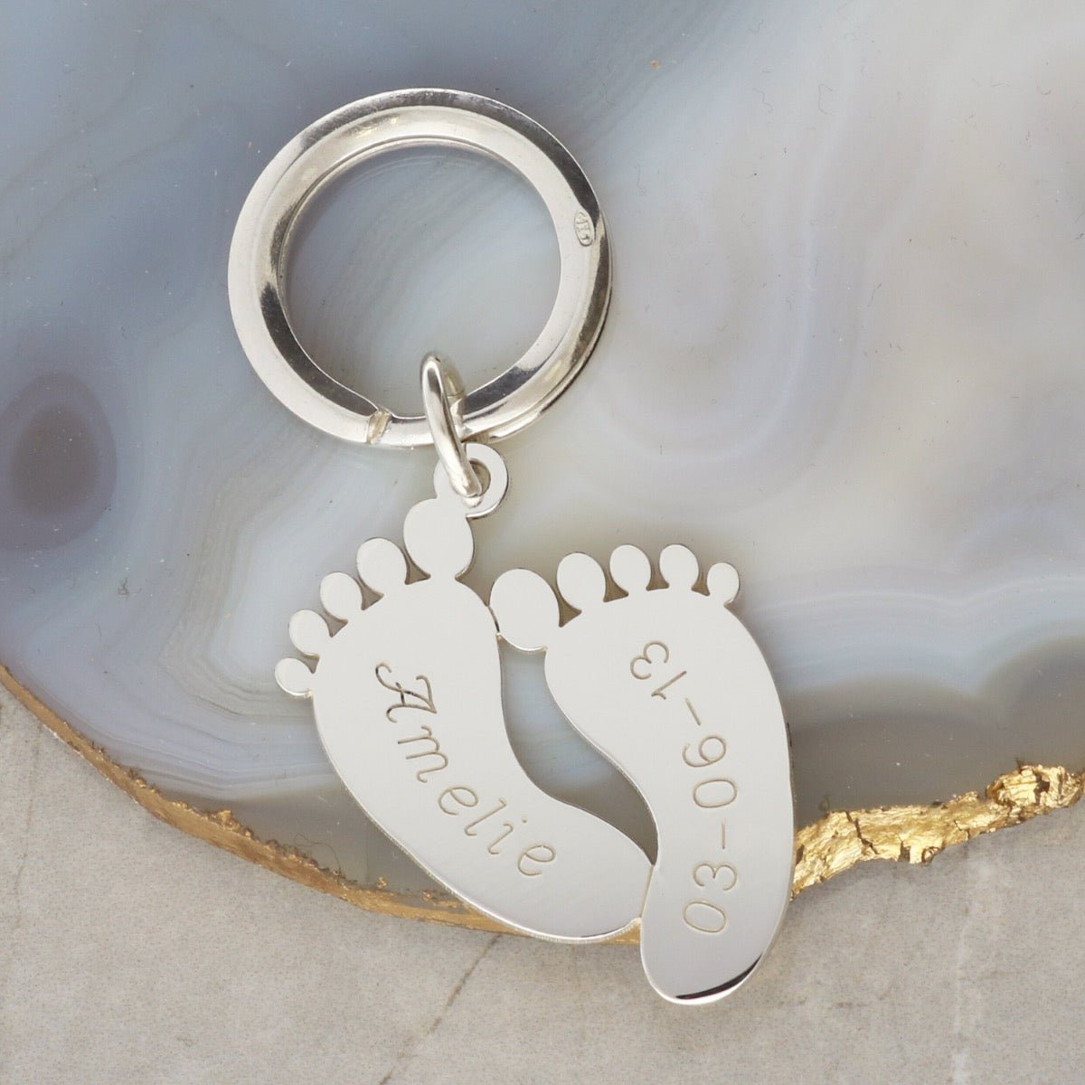 Sterling Silver Engraved Footprints Keyring - Love Silver Jewellery