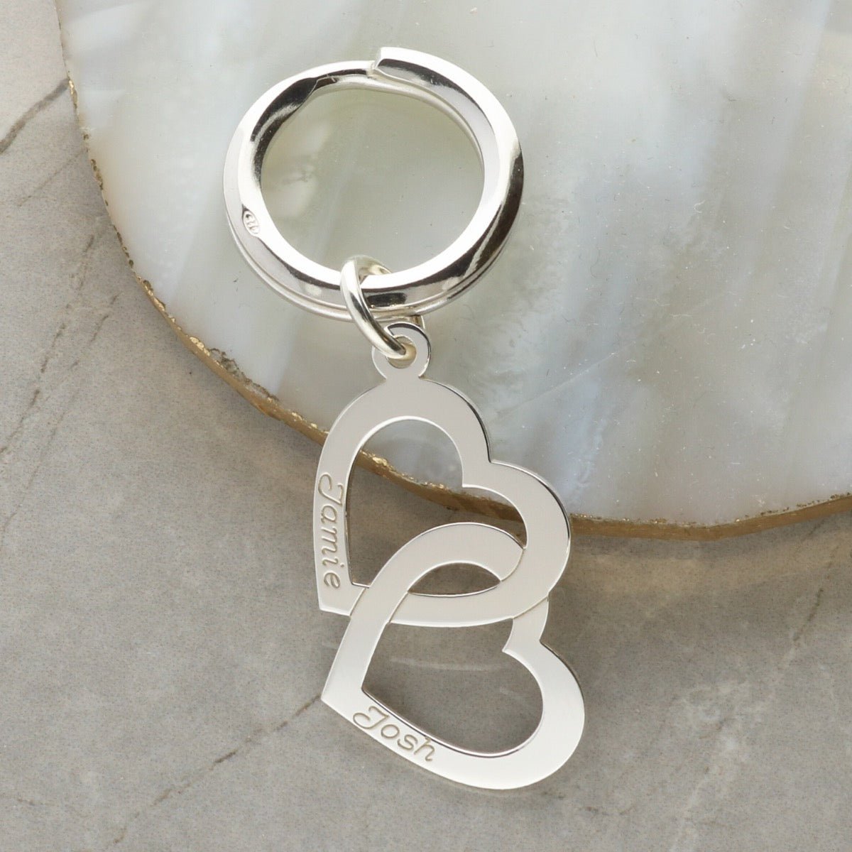 Sterling Silver Engraved Vertical Double Heart Keyring - Keyring - Love Silver Jewellery