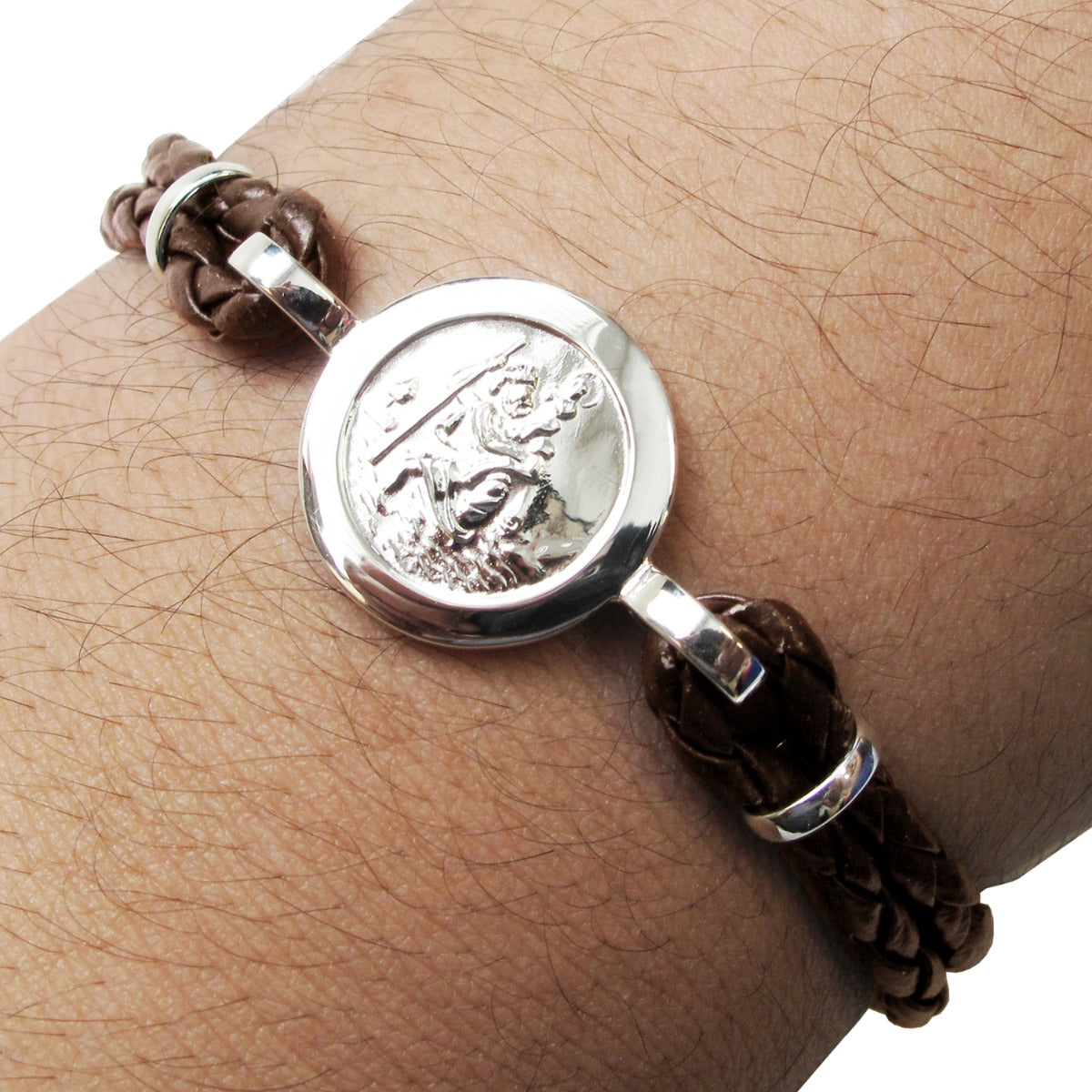 Mens Leather and Sterling Silver St Christopher Bracelet With Travellers Prayer On Brown Leather Bracelet On Man