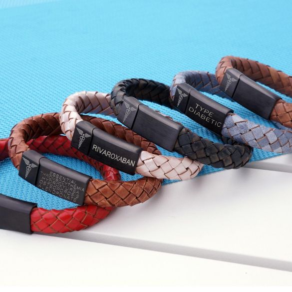 Unisex Leather and Stainless Steel Medic Bracelet with Free Engraving