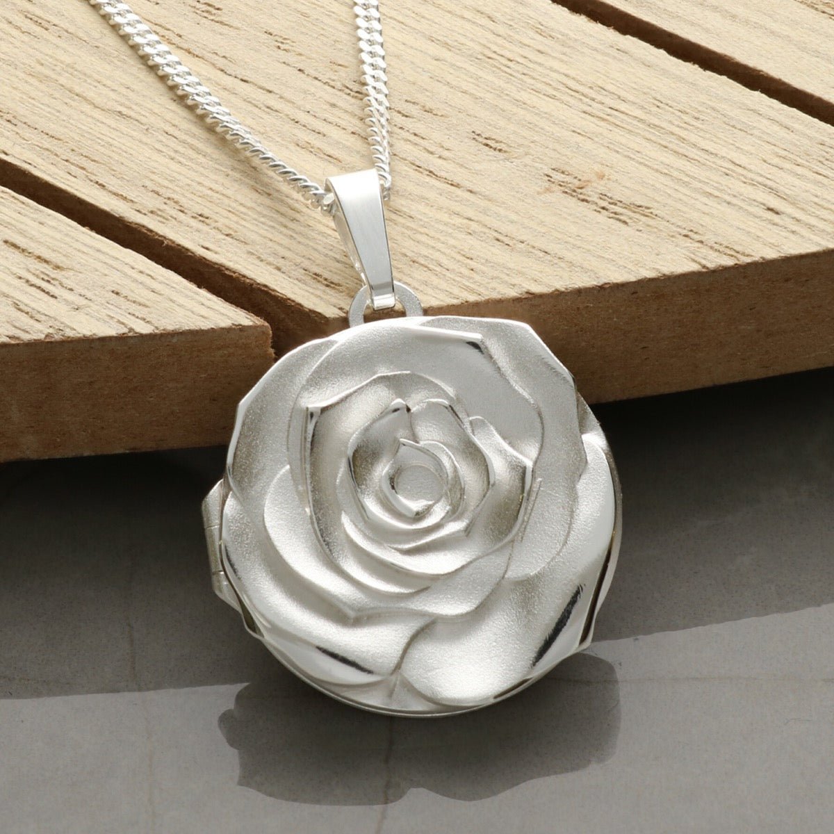 Sterling Silver Round 3D Rose Locket With Optional Engraving & Chain - Love Silver Jewellery
