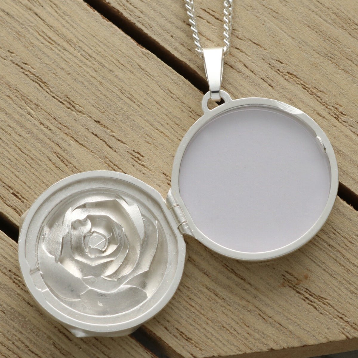 Sterling Silver Round 3D Rose Locket With Optional Engraving & Chain - Love Silver Jewellery
