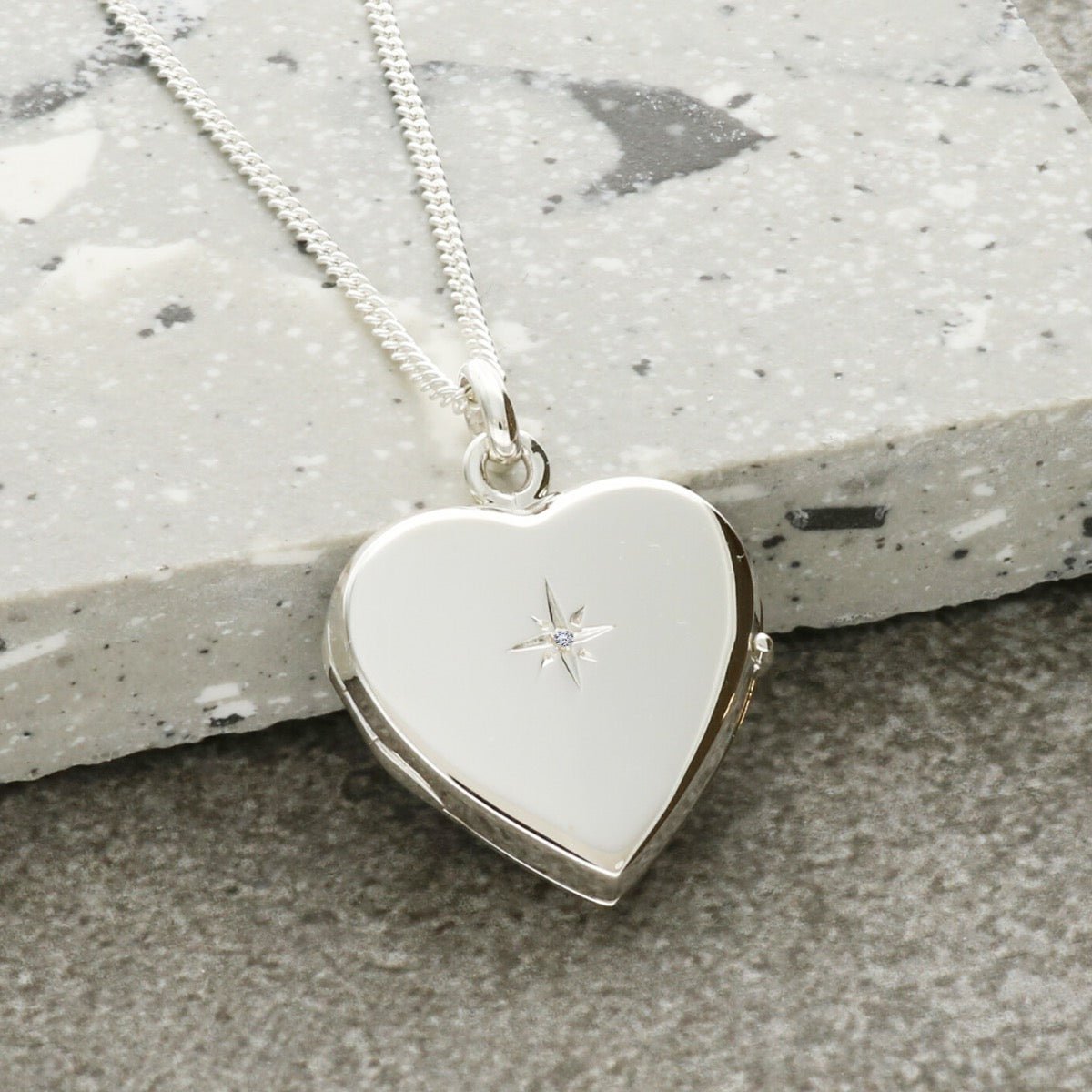 Sterling Silver Heart Locket Set With Diamond With Optional Engraving & Chain - Love Silver Jewellery