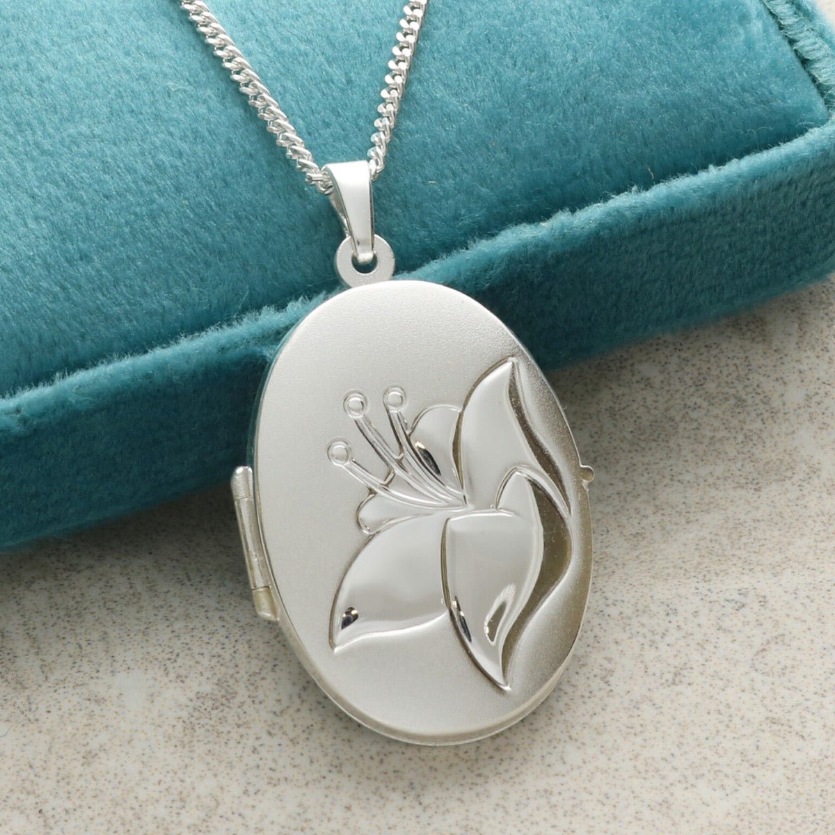 Sterling Silver Satin Oval Flower Locket With Optional Engraving & Chain - Love Silver Jewellery