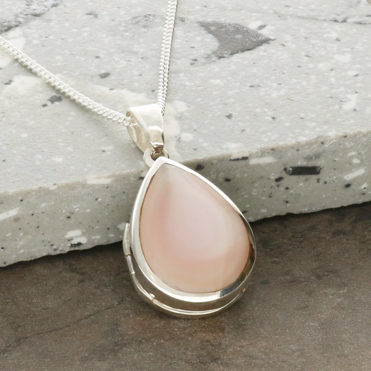 Sterling Silver Tear Drop Pink Mother Of Pearl Locket With Optional Engraving & Chain - Love Silver Jewellery