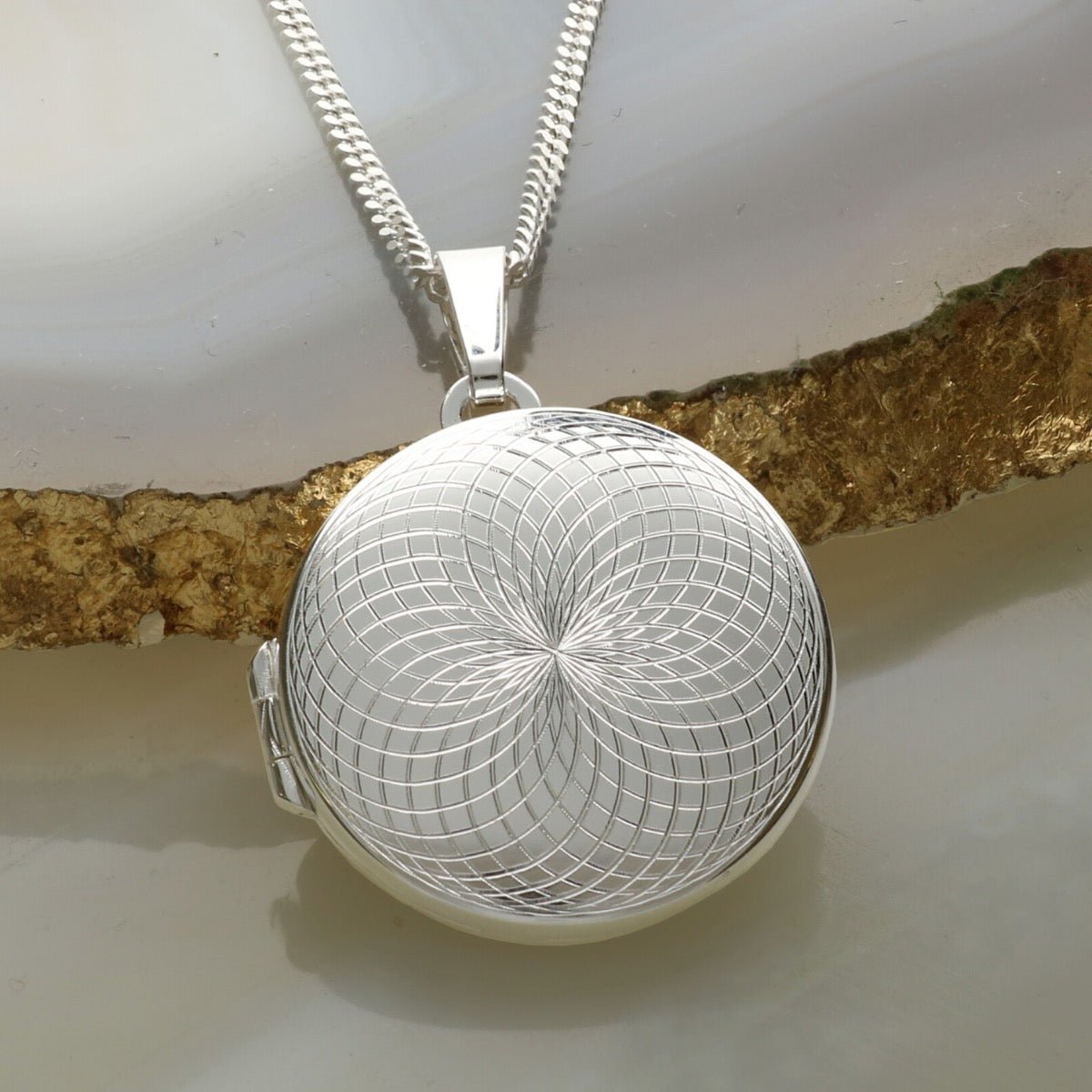 Sterling Silver Geo Circles Round Patterned Locket With Optional Engraving & Chain - Love Silver Jewellery