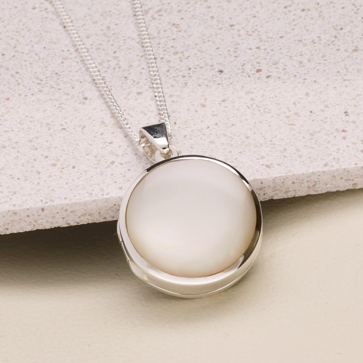Sterling Silver Round White Mother Of Pearl Locket With Optional Engraving & Chain - Love Silver Jewellery