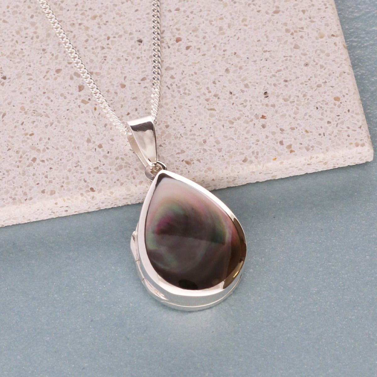 Sterling Silver Tear Drop Black Mother Of Pearl Locket With Optional Engraving & Chain - Love Silver Jewellery