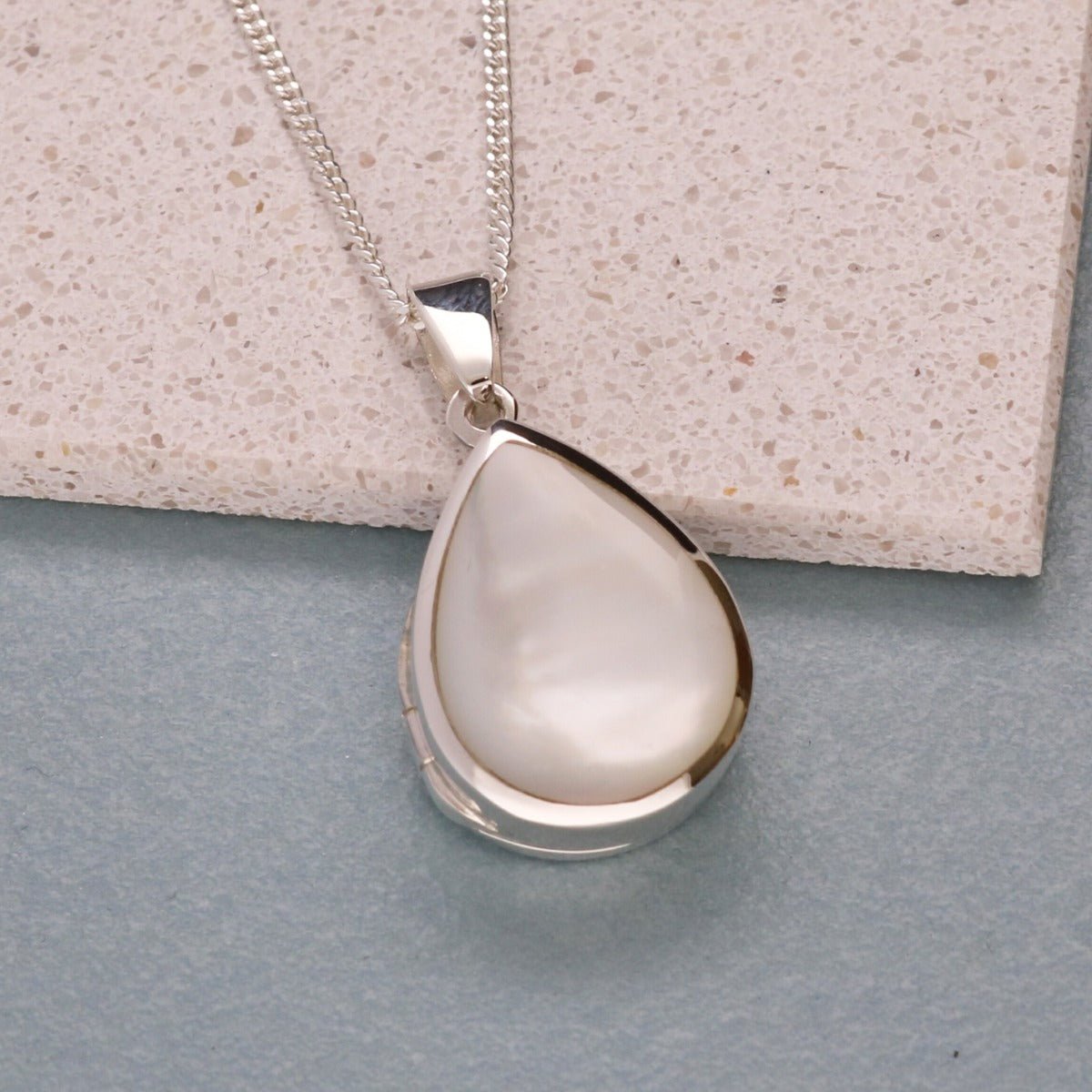 Sterling Silver Tear Drop White Mother Of Pearl Locket With Optional Engraving & Chain - Love Silver Jewellery