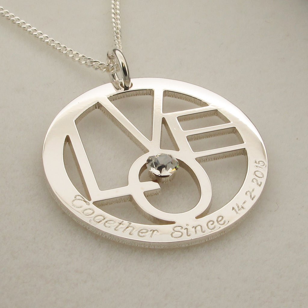 Sterling Silver Round LOVE Pendant With Optional CZ Crystal and Chain - Love Silver Jewellery