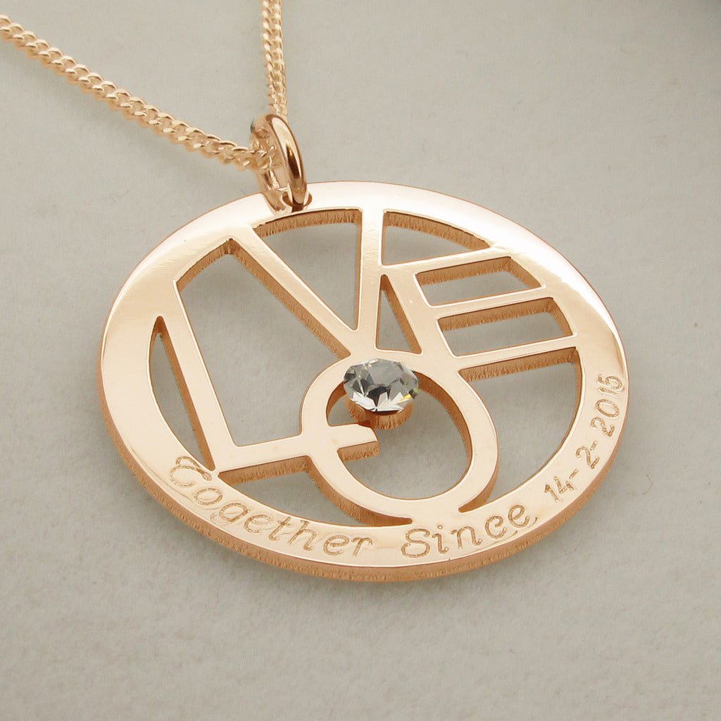 9ct Rose Gold Plated Gold Round LOVE Pendant With Optional CZ Crystal and Chain - Love Silver Jewellery