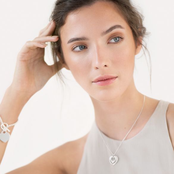 Sterling Silver Double Heart Personalised Necklace With Crystal - Love Silver Jewellery