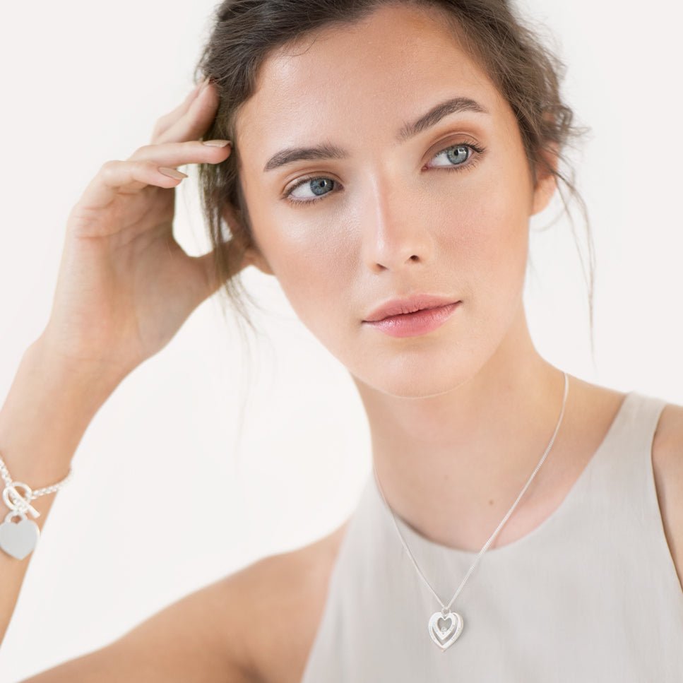 Sterling Silver Double Heart Personalised Necklace With Diamond - Love Silver Jewellery