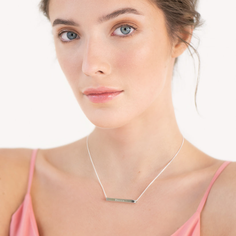 Silver 3D Horizontal Engraved Name Bar Pendant With Chain