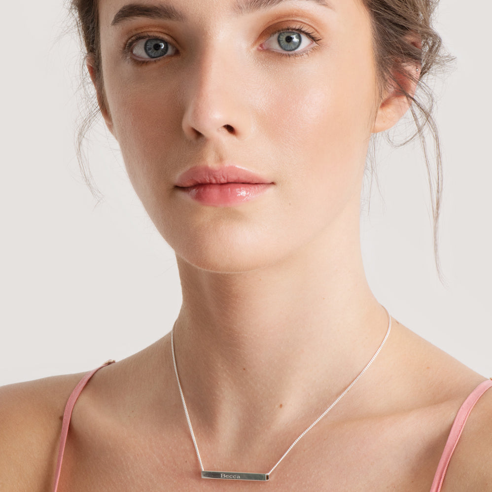 Silver 3D Horizontal Engraved Name Bar Pendant With Chain