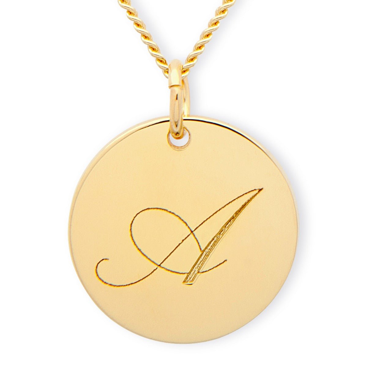 9ct Yellow Gold Engraved Initial Disc & Optional Chain - Love Silver Jewellery