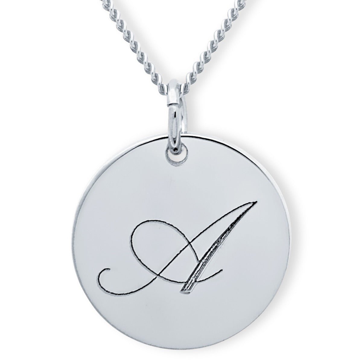 9ct White Gold Engraved Initial Disc & Optional Chain - Love Silver Jewellery