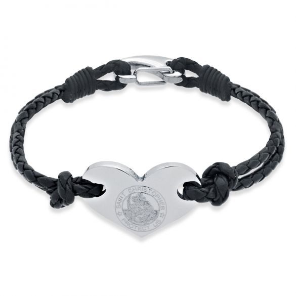 Ladies Leather and Stainless Steel Heart St Christopher Bracelet - Love Silver Jewellery