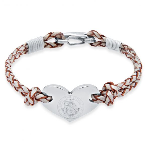 Ladies Leather and Stainless Steel Heart St Christopher Bracelet - Love Silver Jewellery