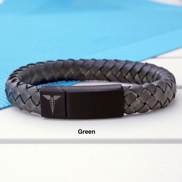 Unisex Leather and Stainless Steel Medic Bracelet with Free Engraving