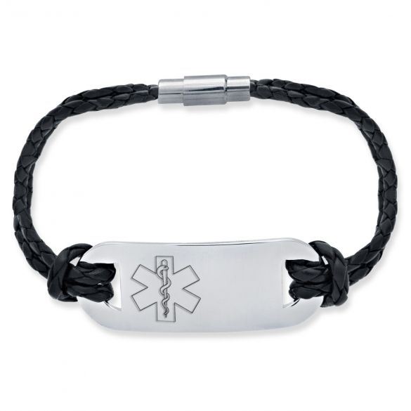 Men's Leather and Stainless Steel Medical Bracelet