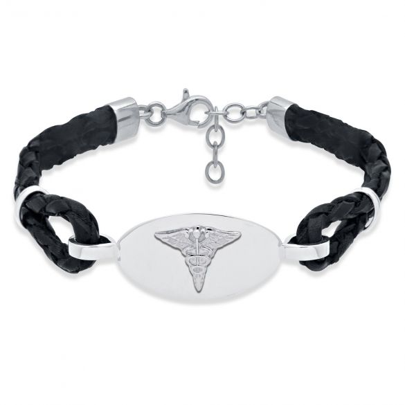 Mens Leather & Sterling Silver Medical Bracelet