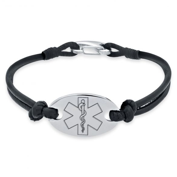 Leather and Stainless Steel Oval Medical Bracelet For Women - Love Silver Jewellery