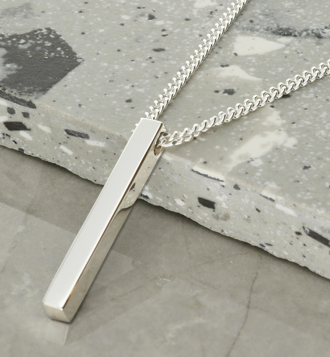 Mens Silver 3D Engraved Bar Pendant Necklace
