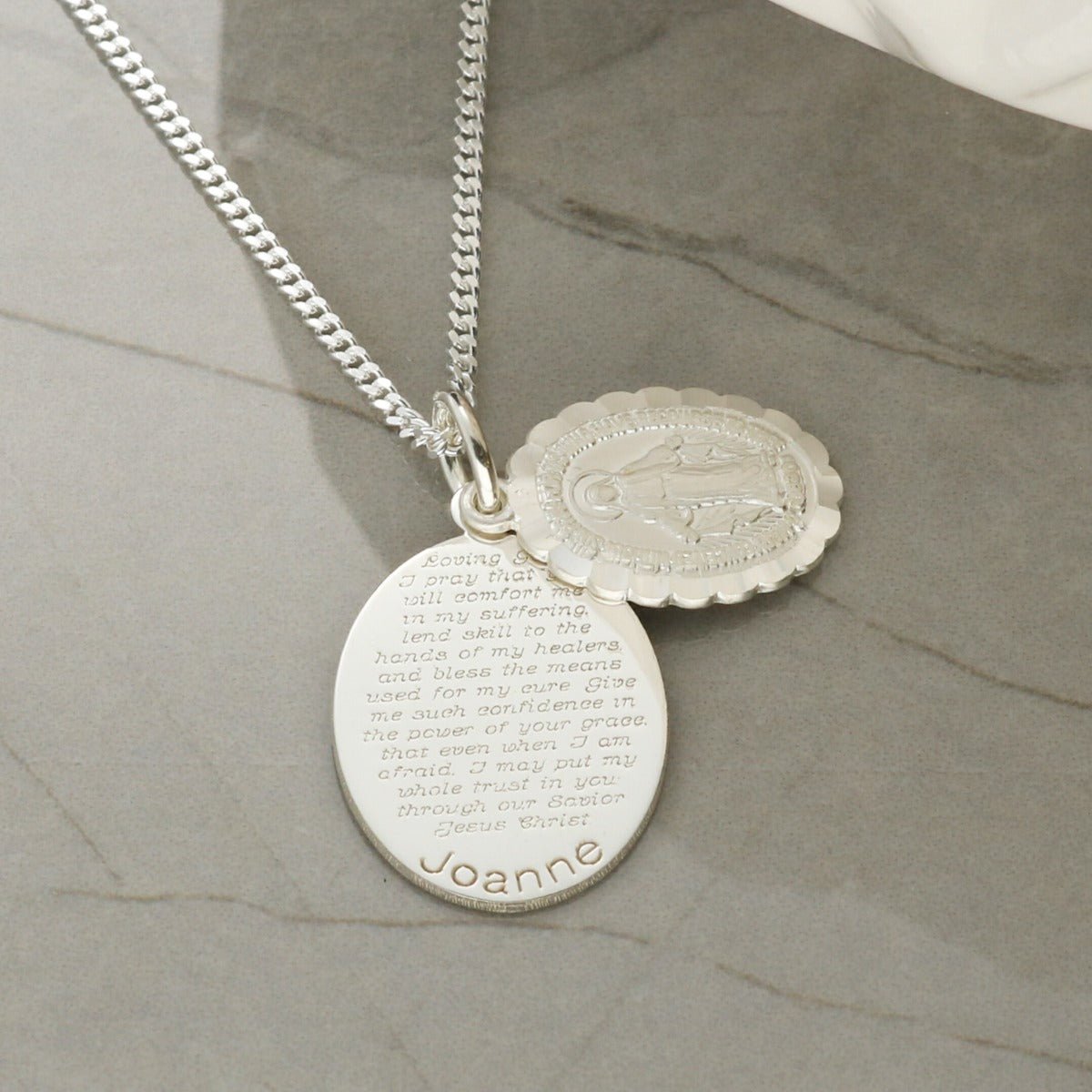 Sterling Silver Personalised Miraculous Medal With Concealed Prayer & Optional Chain - Love Silver Jewellery