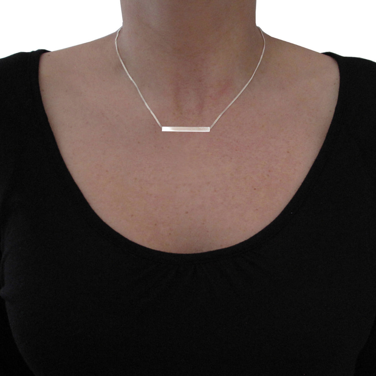 Silver 3D Horizontal Engraved Name Bar Pendant With Chain On Lady