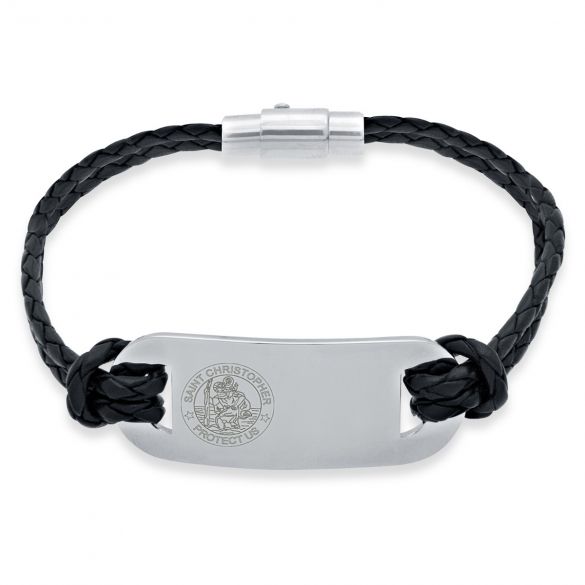 Mens Leather and Stainless Steel St Christopher Bracelet - Love Silver Jewellery