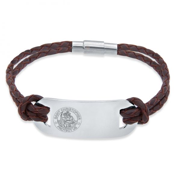 Mens Leather and Stainless Steel St Christopher Bracelet - Love Silver Jewellery