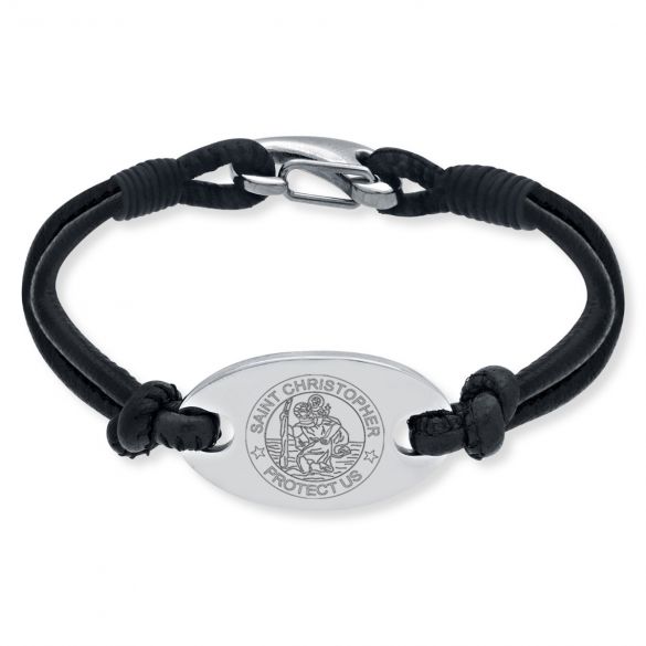 Ladies Leather and Stainless Steel St Christopher Bracelet