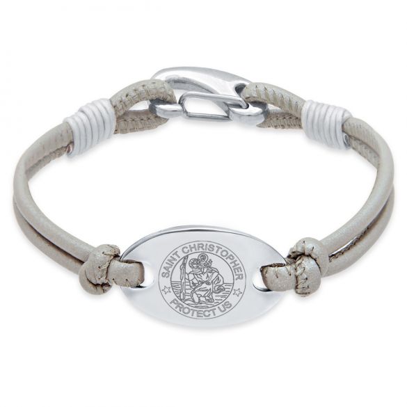 Ladies Leather and Stainless Steel St Christopher Bracelet