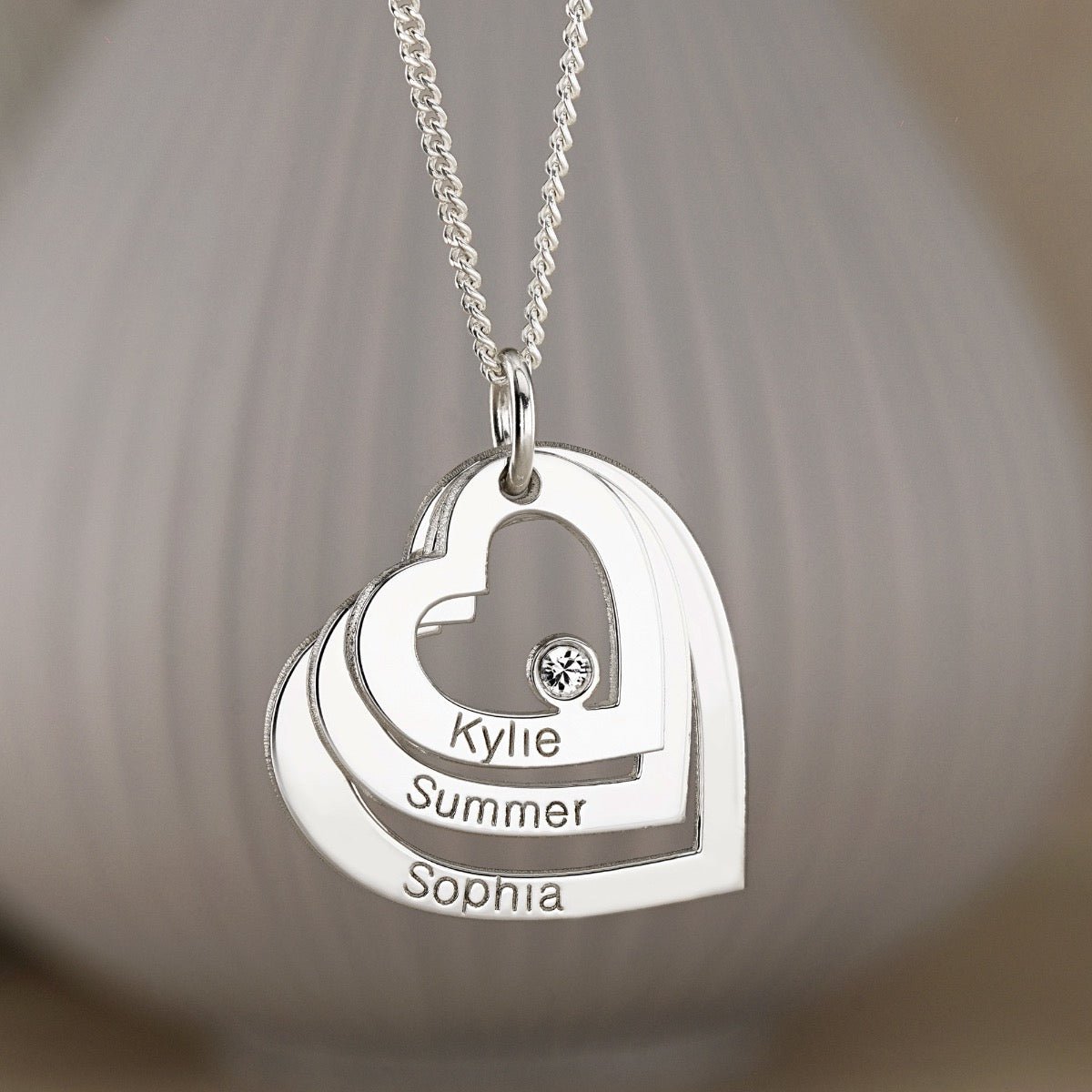 Sterling Silver Engraved Triple Heart Pendant With Crystal - Love Silver Jewellery