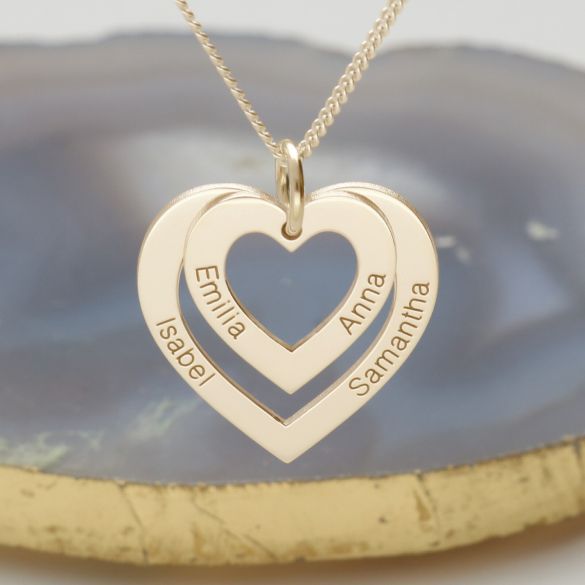 9ct Yellow Gold Double Heart Personalised Necklace - Love Silver Jewellery