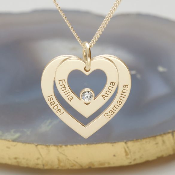 9ct Yellow Gold Double Heart Personalised Necklace With Crystal
