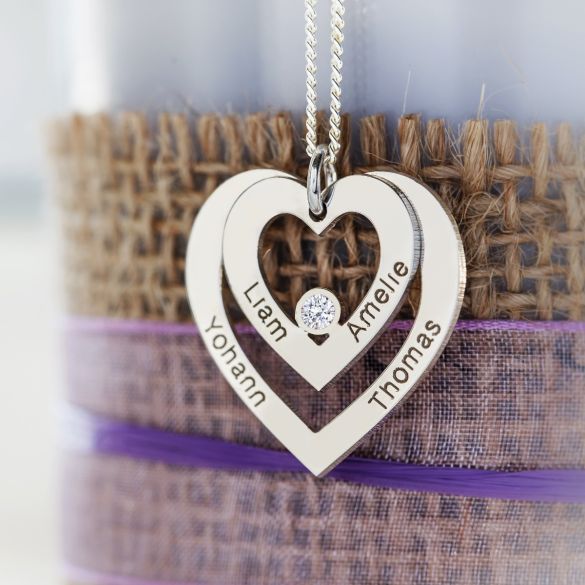 Sterling Silver Double Heart Personalised Necklace With Crystal - Love Silver Jewellery
