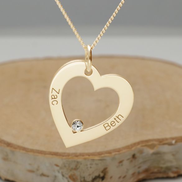 9ct Yellow Gold Plated Personalised Heart Necklace With CZ Crystal - Love Silver Jewellery