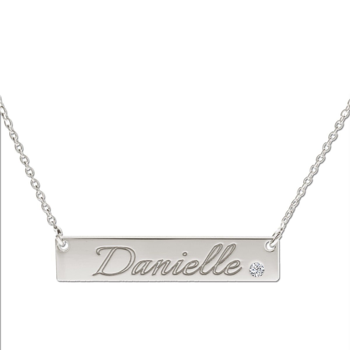 9ct White Gold Name Bar Tag Pendant With Crystal Or Real Diamond - Love Silver Jewellery